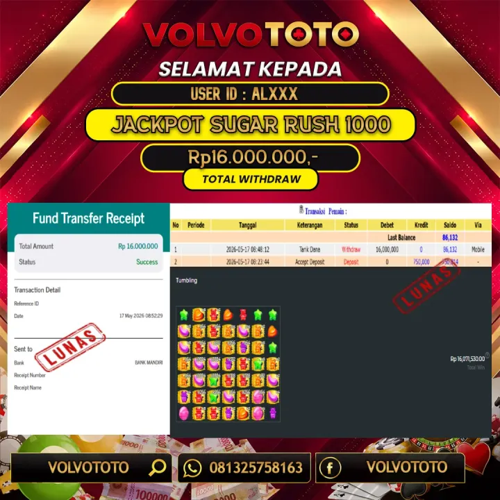 VOLVOTOTO  JACKPOT SLOT SUGAR RUSH 1000 Rp.16.000.000,- LUNAS USER ID : AL***