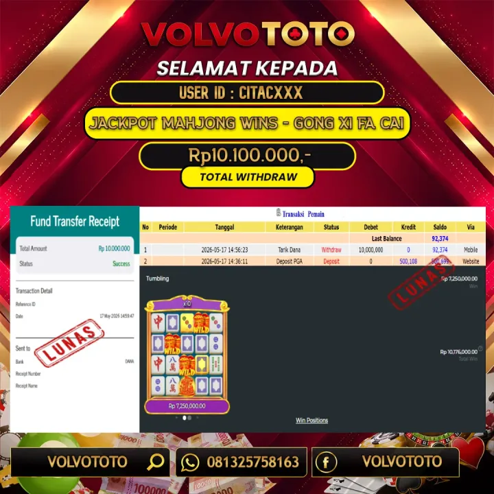 VOLVOTOTO  JACKPOT SLOT MAHJONG WINS - GONG XI FA CAI Rp.10.100.000,- LUNAS USER ID : CITAC***