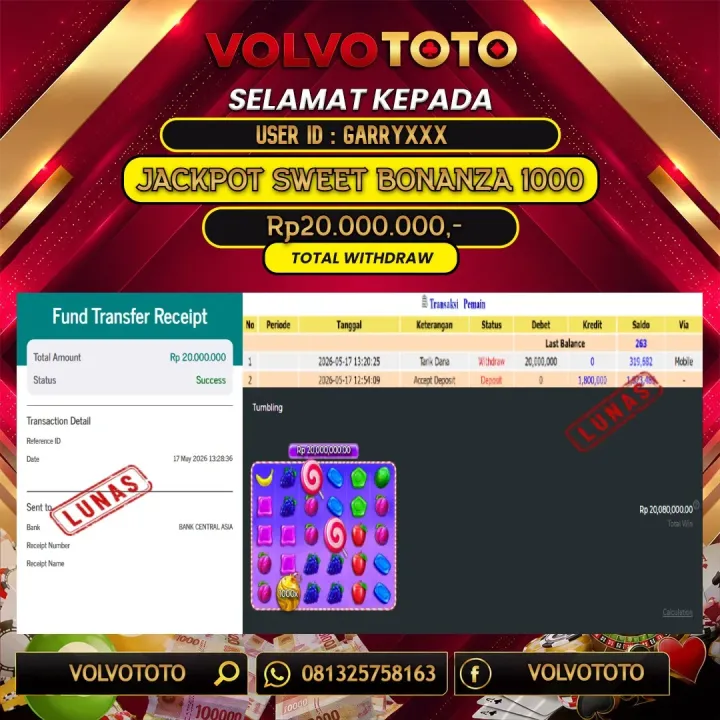 VOLVOTOTO  JACKPOT SLOT SWEET BONANZA 1000 Rp.20.000.000,- LUNAS USER ID : GARRY***