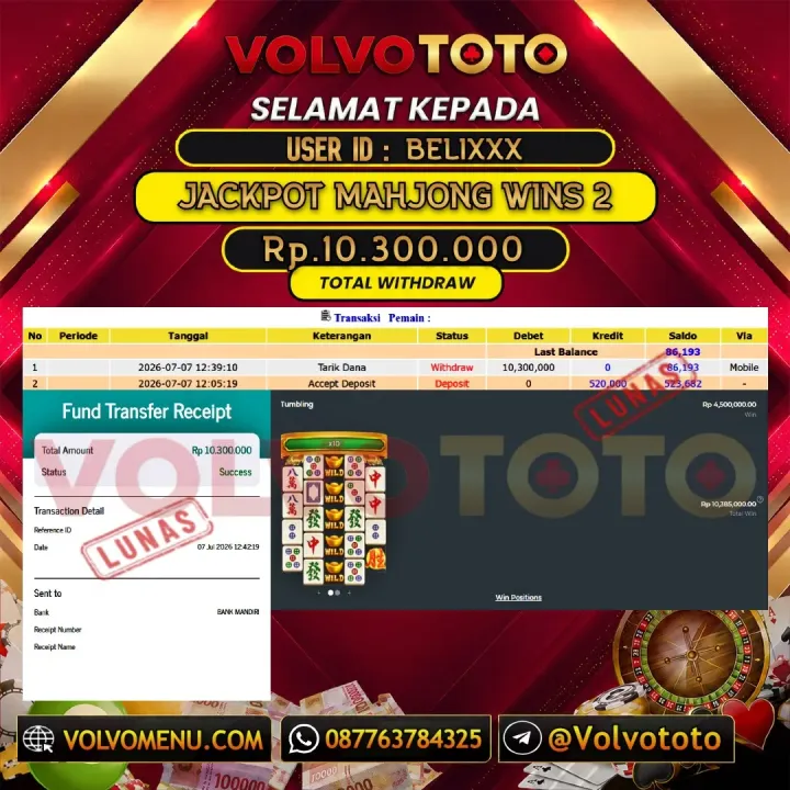 VOLVOTOTO JACKPOT SLOT MAHJONG WINS 2 Rp.10.300.000,- LUNAS USER ID : BELI***