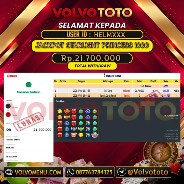VOLVOTOTO JACKPOT SLOT STARLIGHT PRINCESS 1000 Rp.21.700.000,- LUNAS USER ID : HELM***