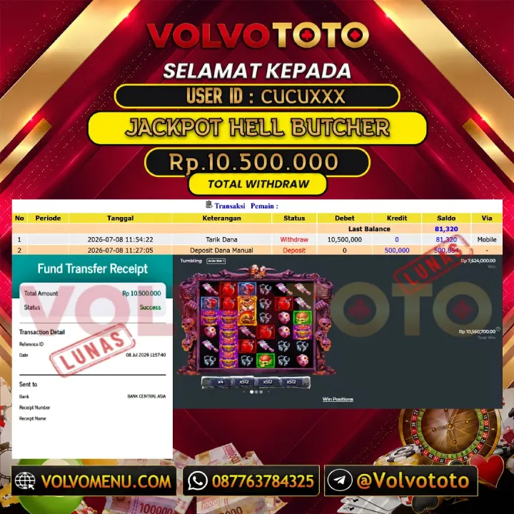 VOLVOTOTO JACKPOT SLOT HELL BUTCHER Rp.10.500.000,- LUNAS USER ID : CUCU***