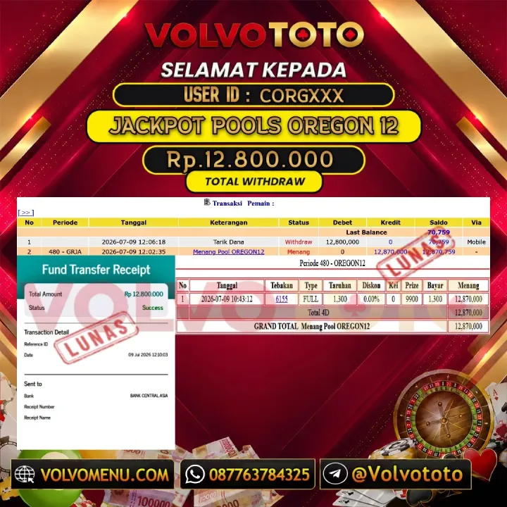 VOLVOTOTO JACKPOT TOGEL OREGON 12 Rp.12.800.000,- LUNAS USER ID : CORG***