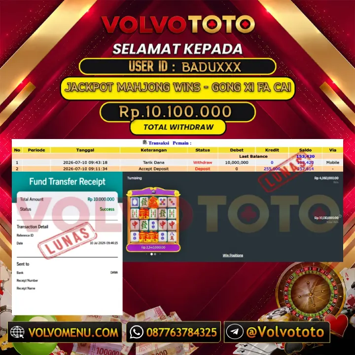 VOLVOTOTO JACKPOT SLOT MAHJONG WINS - GONG XI FA CAI Rp.10.100.000,- LUNAS USER ID : BADU***