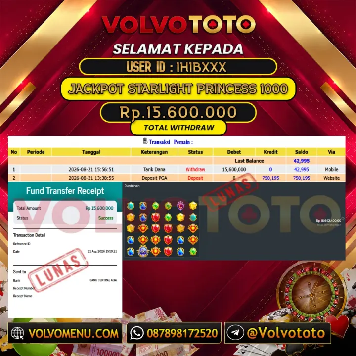 VOLVOTOTO JACKPOT SLOT STARLIGHT PRINCESS 1000 Rp.15.600.000,- LUNAS USER ID : IHIB***