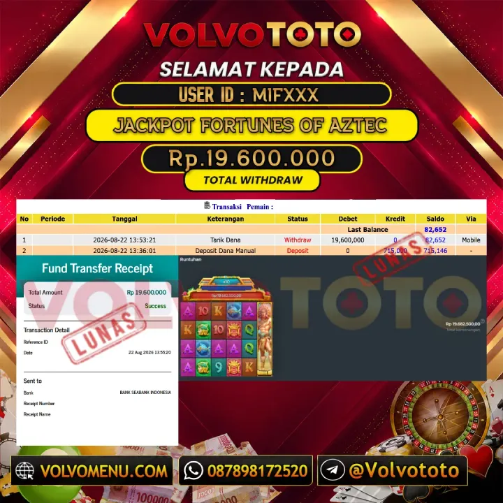 VOLVOTOTO JACKPOT SLOT FORTUNES OF AZTEC Rp.19.600.000,- LUNAS USER ID : MIF***