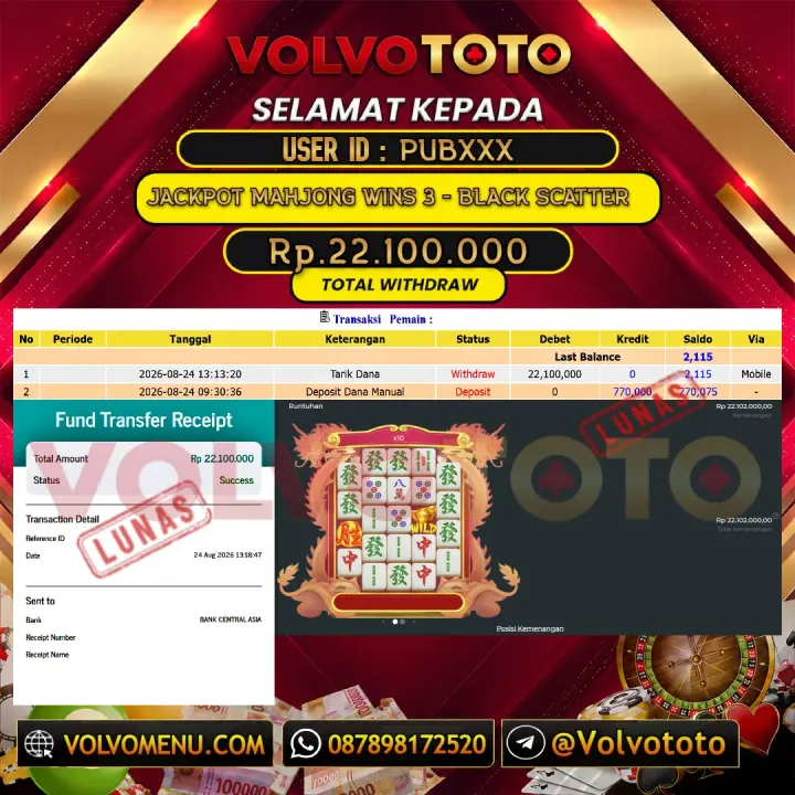 VOLVOTOTO JACKPOT SLOT MAHJONG WINS 3 - BLACK SCATTER Rp.22.100.000,- LUNAS USER ID : PUB***