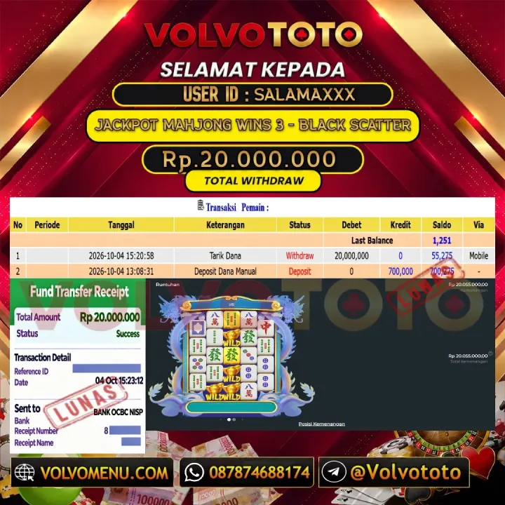 VOLVOTOTO JACKPOT SLOT MAHJONG WINS 3 - BLACK SCATTER Rp.20.000.000,- LUNAS USER ID : SALAMA***
