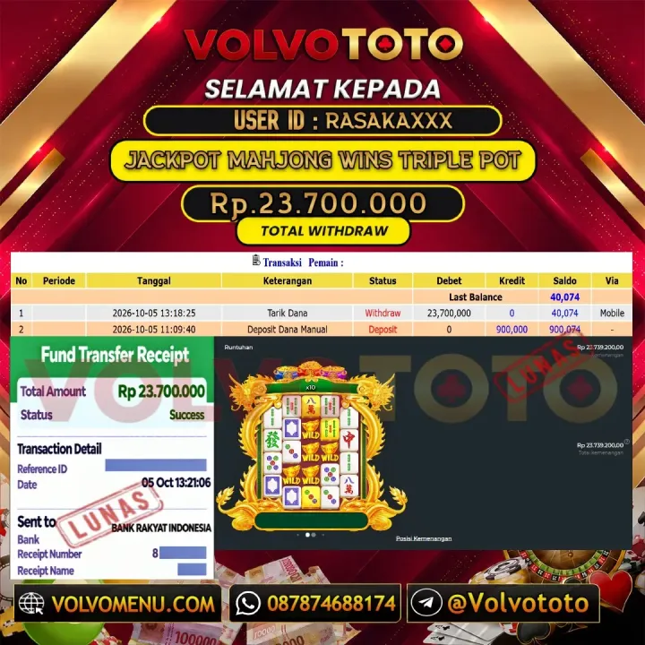 VOLVOTOTO JACKPOT SLOT MAHJONG WINS TRIPLE POT Rp.23.700.000,- LUNAS USER ID : RASAKA***