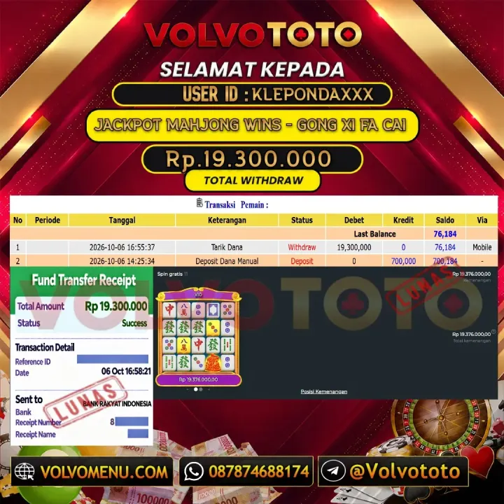 VOLVOTOTO JACKPOT SLOT MAHJONG WINS - GONG XI FA CAI Rp.19.300.000,- LUNAS USER ID : KLEPONDA***