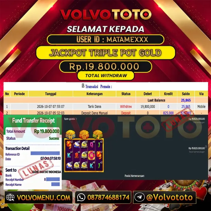 VOLVOTOTO JACKPOT SLOT TRIPLE POT GOLD Rp.19.800.000,- LUNAS USER ID : MATAME***